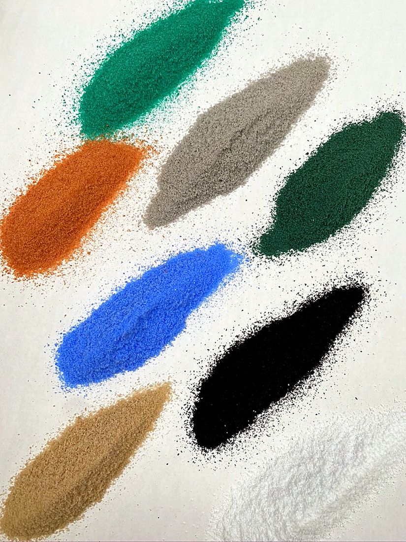 Fenix recycled rotomoulding powder in green, grey, dark green, orange, blue, black, sand and white
